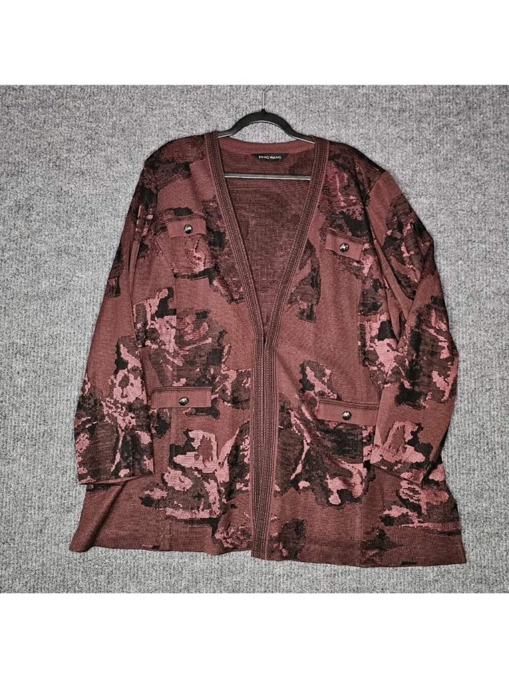 Ming Wang Floral burgundy & black Jacquard Knit Eyehook cardigan Jacket Size 2XL